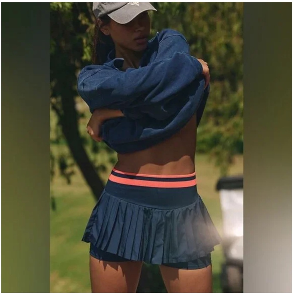 FP Movement by Free People Navy Blue Mini Skirt with Coral Stripe Waistband